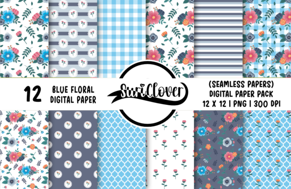 Blue Floral Digital Paper: Fresh Spring Florals for Your Projects