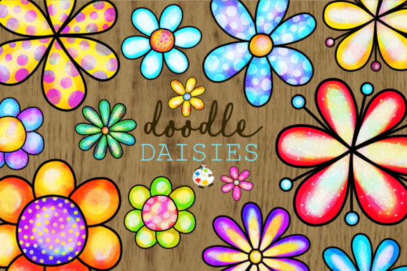 Doodle Daisy Flower Watercolor Clipart: Vibrant Assets for Modern Design